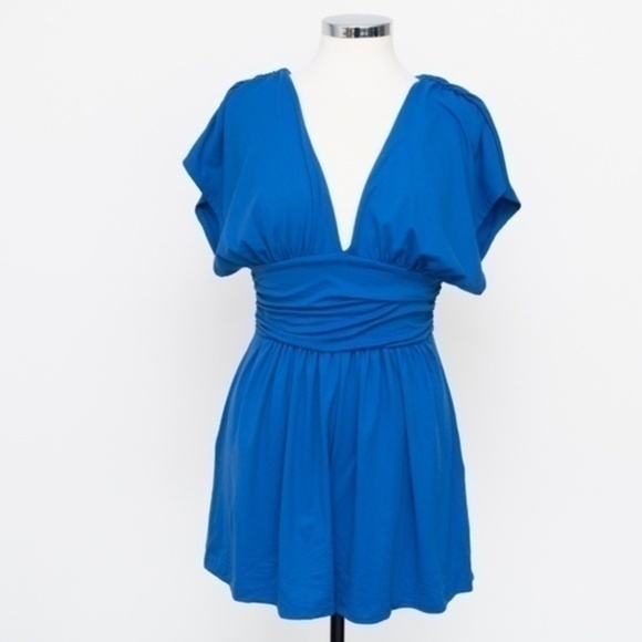 Susana Monaco Gathered V-Neck Stretch Romper | Sapphire Blue | L | NWT - Picture 2 of 12